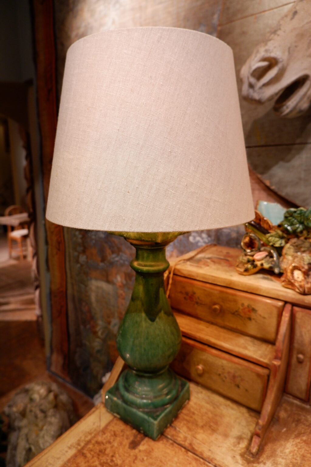 Pair of 19th century green ceramic baluster lamps + natural linen shade - Image 2