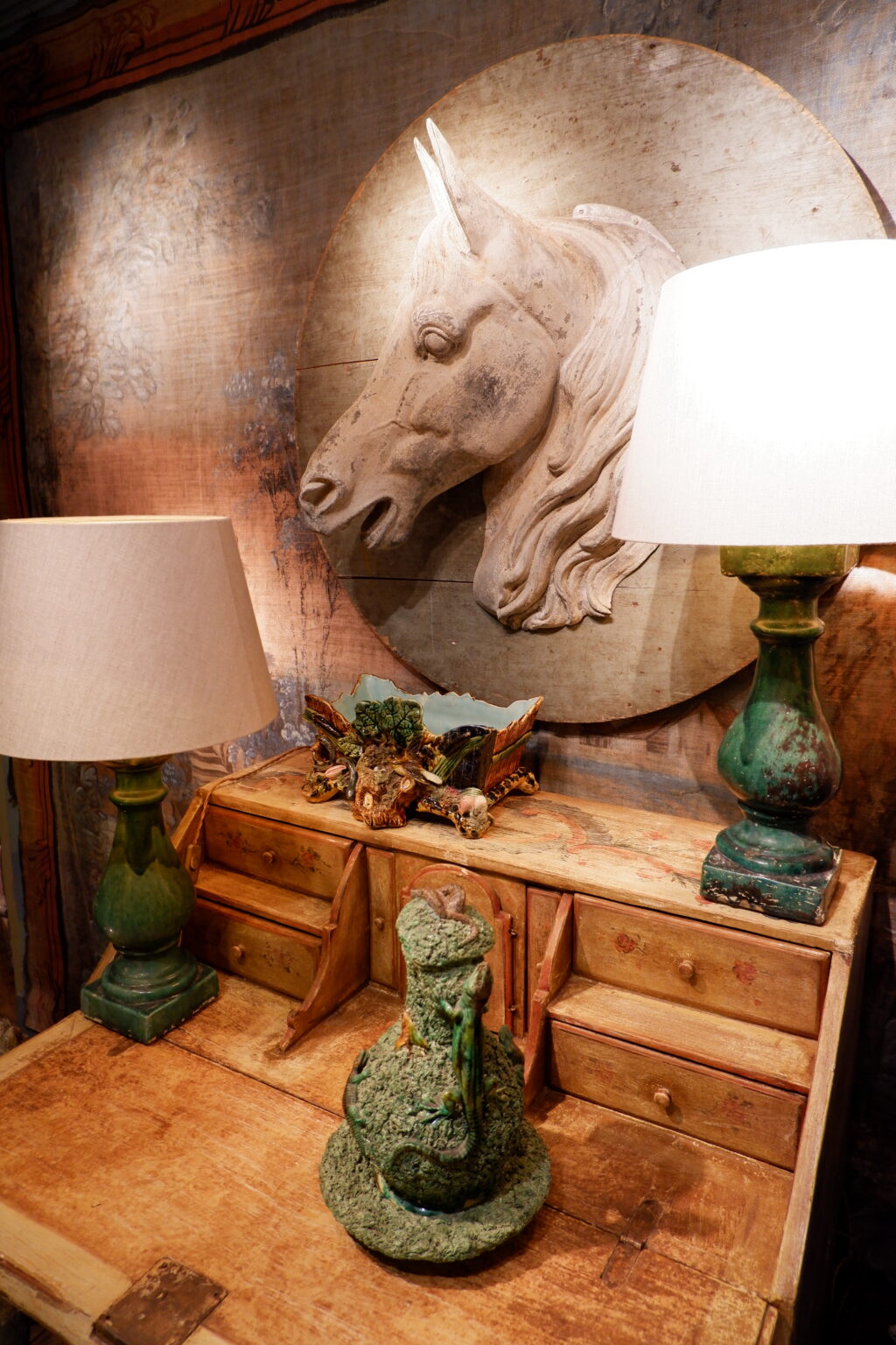 Pair of 19th-century green ceramic baluster lamps + natural linen shade