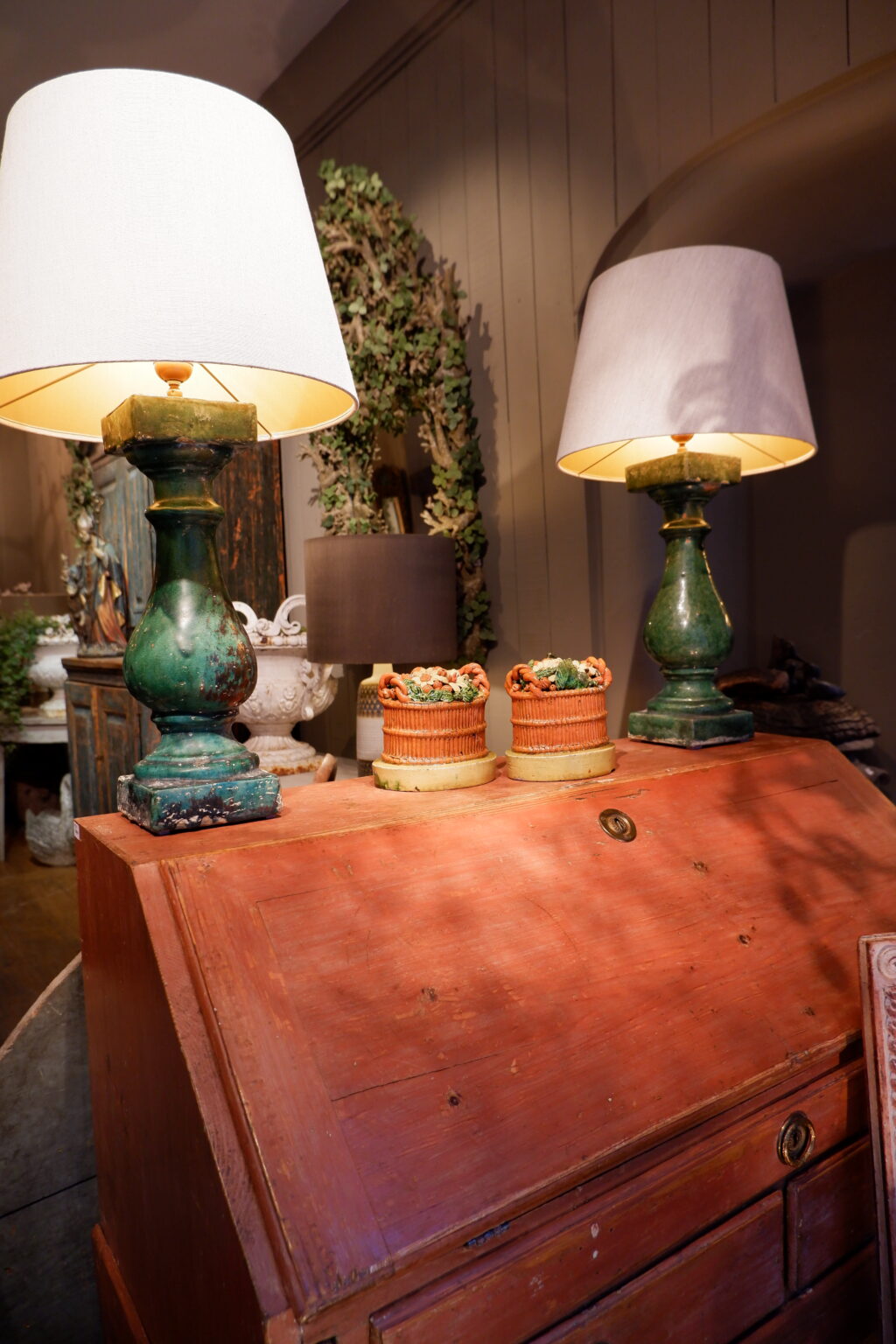 Pair of 19th century green ceramic baluster lamps + natural linen shade - Image 6