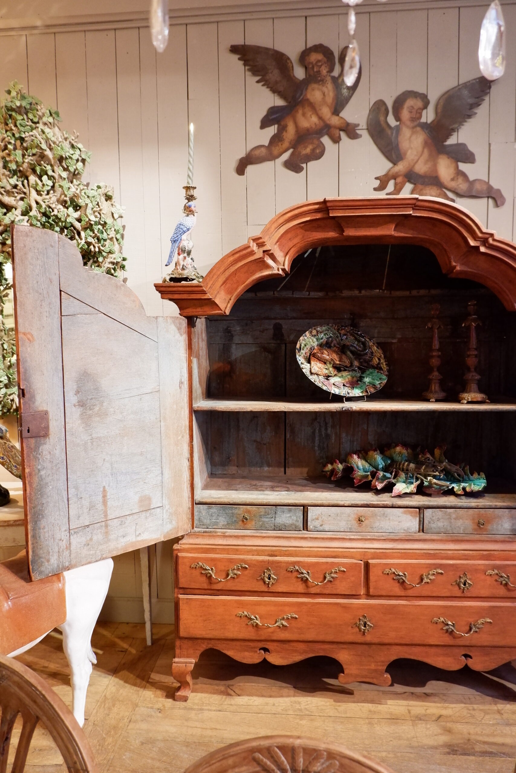 Grand buffet double corps baroque suédois d'époque XVIIIe patine rouge d'origine - intérieur bleu – Image 3