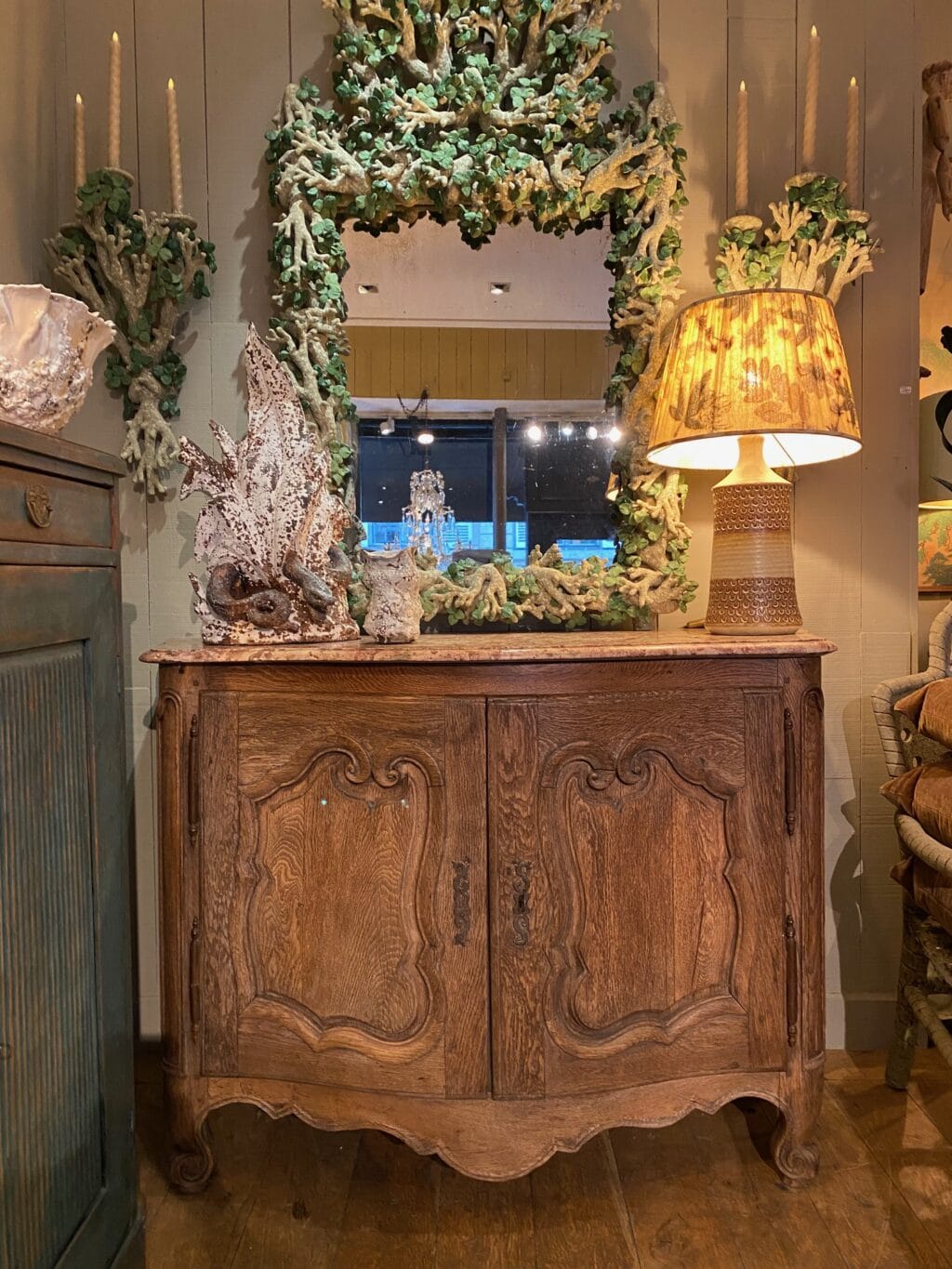 Louis XV period hunting sideboard in light oak with curved &amp; carved doors - pale red marble top ca.1700