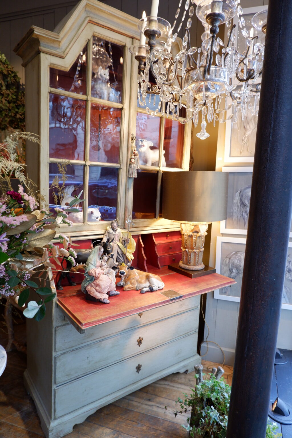 Meuble vitrine & bureau scriban patine verte d'origine - Suède XIXe – Image 2