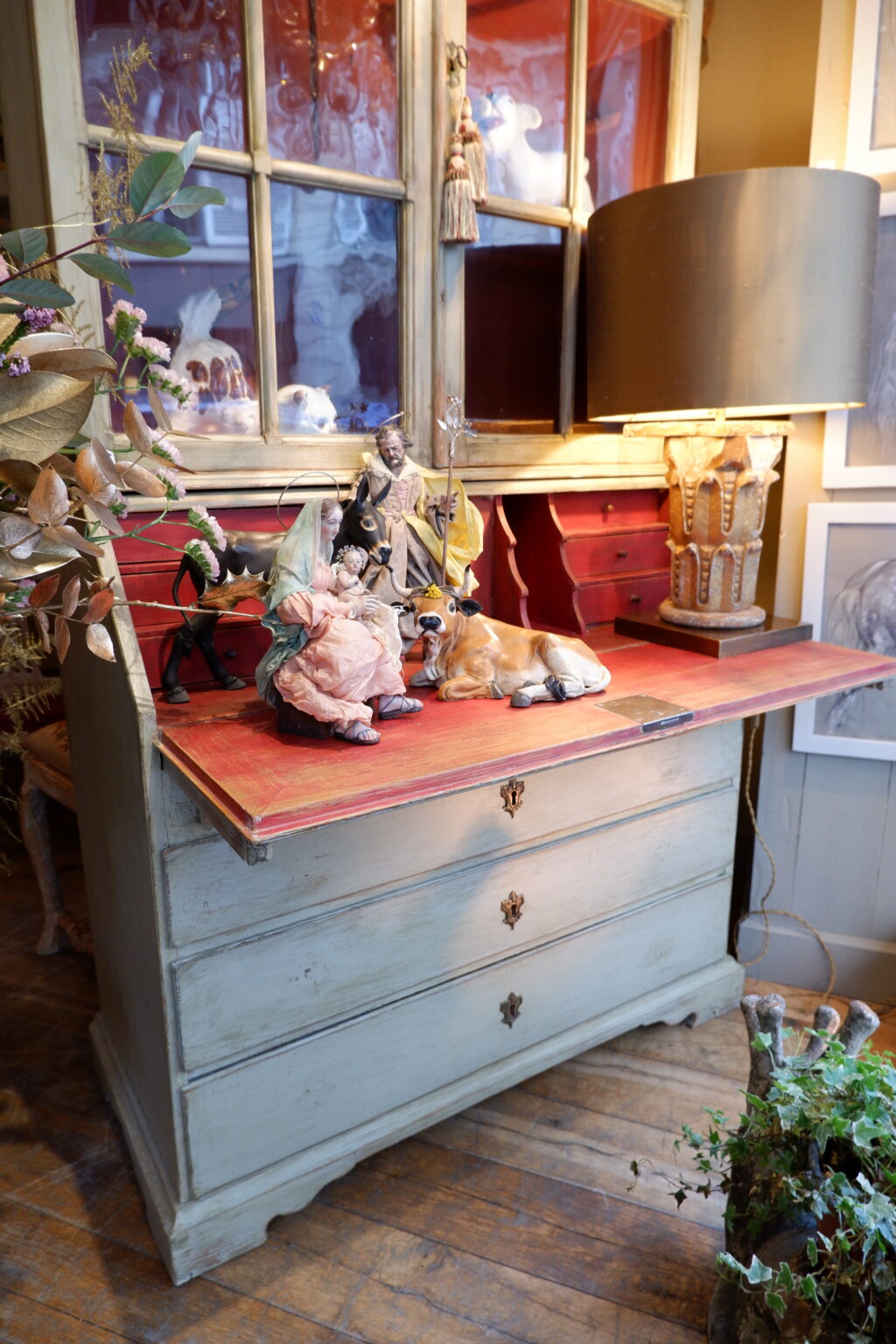 Meuble vitrine & bureau scriban patine verte d'origine - Suède XIXe – Image 5