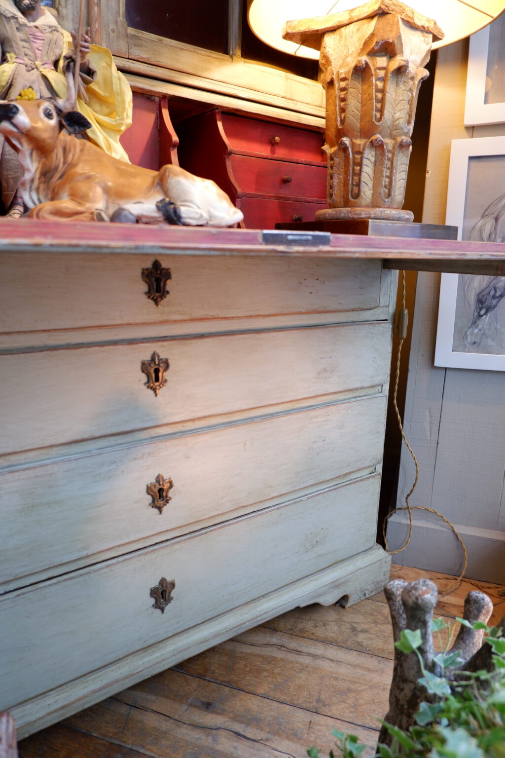 Meuble vitrine & bureau scriban patine verte d'origine - Suède XIXe – Image 7