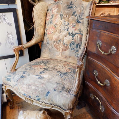 Regency gilded wood armchair covered with fine tapestry from the 19th century