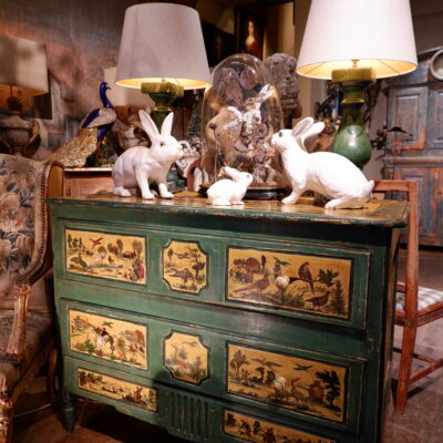 Louis XVI period chest of drawers with naturalistic decor of birds and peasant's scenes in Arte Povera ca.1800