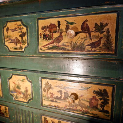 Louis XVI period chest of drawers with naturalistic decor of birds and peasant's scenes in Arte Povera ca.1800