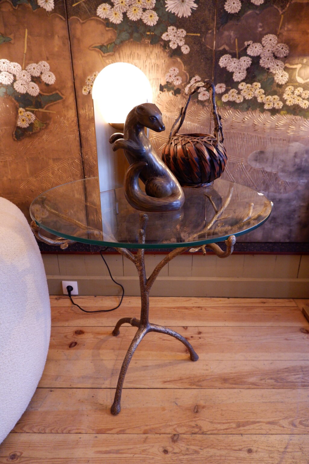 Guéridon branche patine bronze & plateau en verre