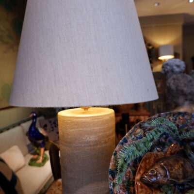 Large pair of stoneware lamps with natural linen shade