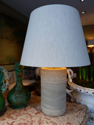 Large pair of stoneware lamps with natural linen shade