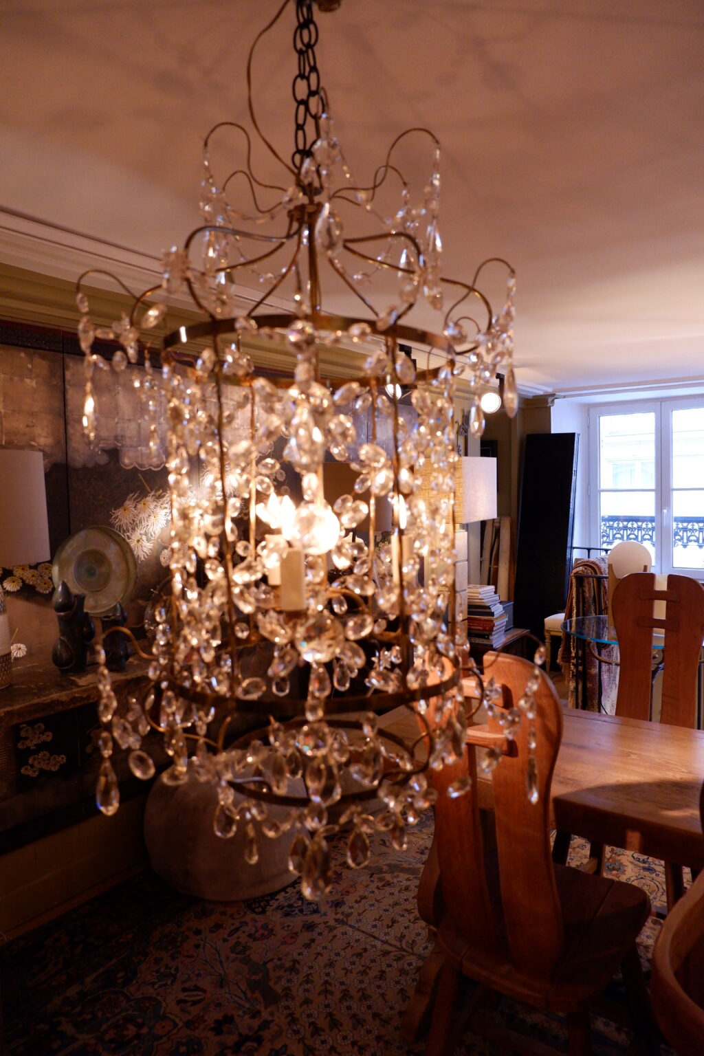 Petit lustre lanterne cage laiton doré & cristal taillé- Style gustavien fin XIXe – Image 4