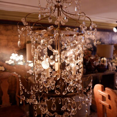 Petit lustre lanterne cage laiton doré & cristal taillé- Style gustavien fin XIXe