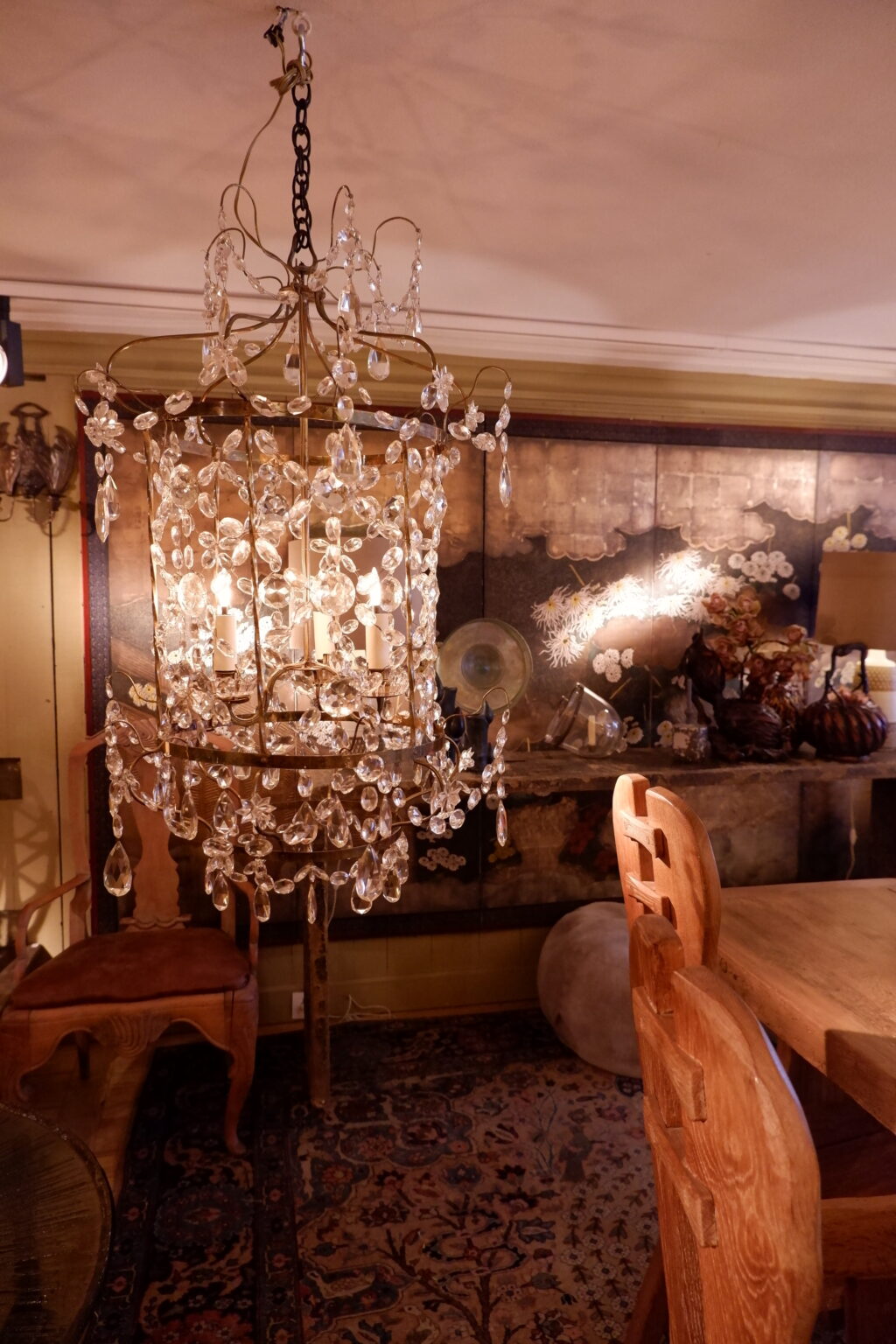 Petit lustre lanterne cage laiton doré & cristal taillé- Style gustavien fin XIXe – Image 6