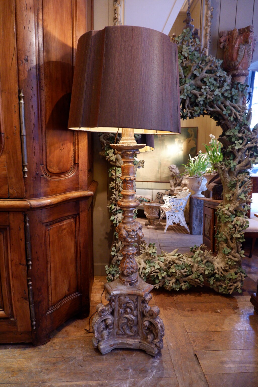 Pair of large carved wood and silver leaf piccierges + Bark silk lampshades