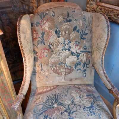 Regency gilded wood armchair covered with fine tapestry from the 19th century