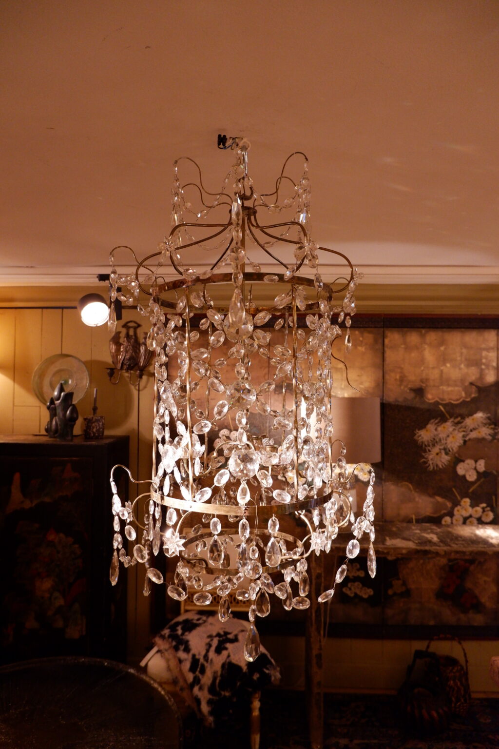 Petit lustre lanterne cage laiton doré & cristal taillé- Style gustavien fin XIXe – Image 5