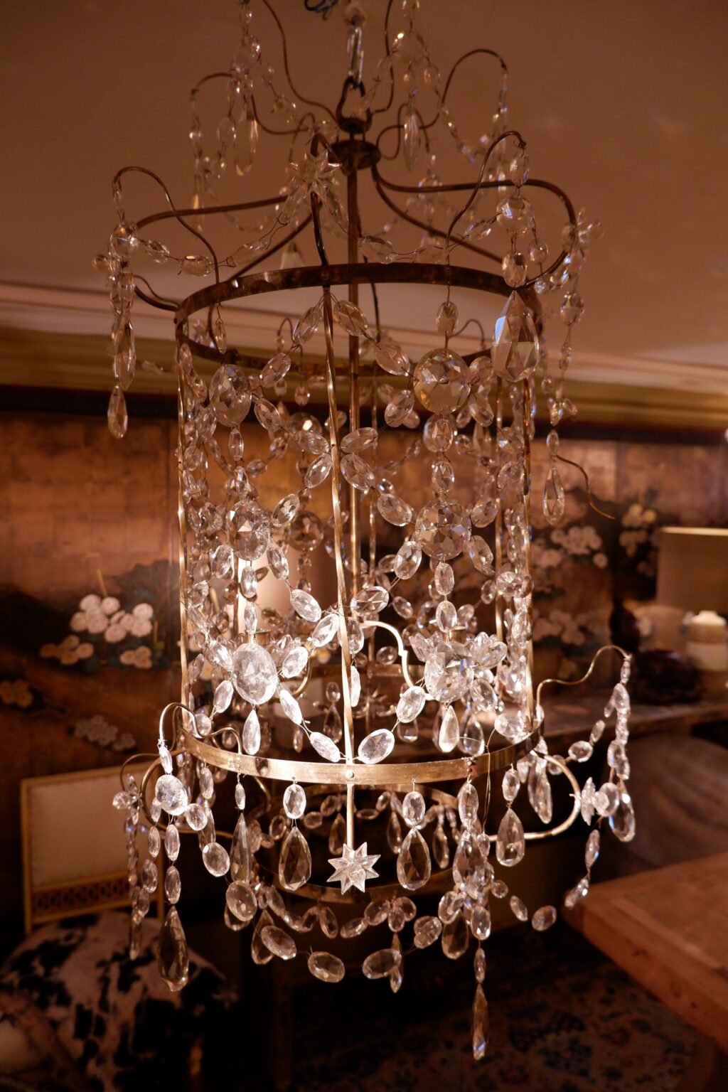 Petit lustre lanterne cage laiton doré & cristal taillé- Style gustavien fin XIXe