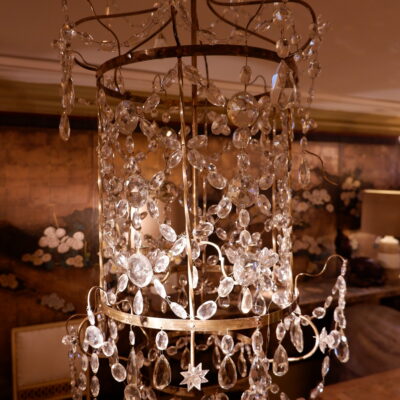 Petit lustre lanterne cage laiton doré & cristal taillé- Style gustavien fin XIXe