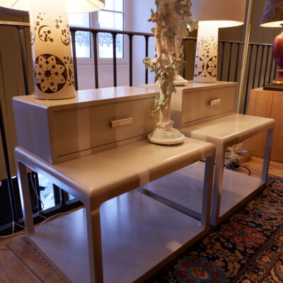Pair of light taupe lacquer bedside tables with drawers