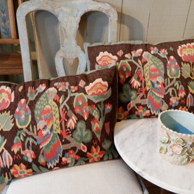 Pair of tapestry wedding cushions, parrot motif and MH monogram ca.1900