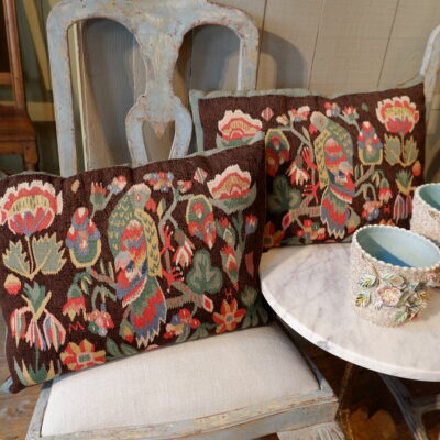 Pair of tapestry wedding cushions, parrot motif and MH monogram ca.1900