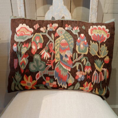 Pair of tapestry wedding cushions, parrot motif and MH monogram ca.1900