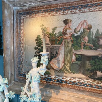 Large panel fragment of framed wallpaper - neo-classical garden scene with its original solid wood frame - 19th century Italy