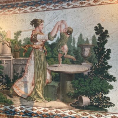Large panel fragment of framed wallpaper - neo-classical garden scene with its original solid wood frame - 19th century Italy
