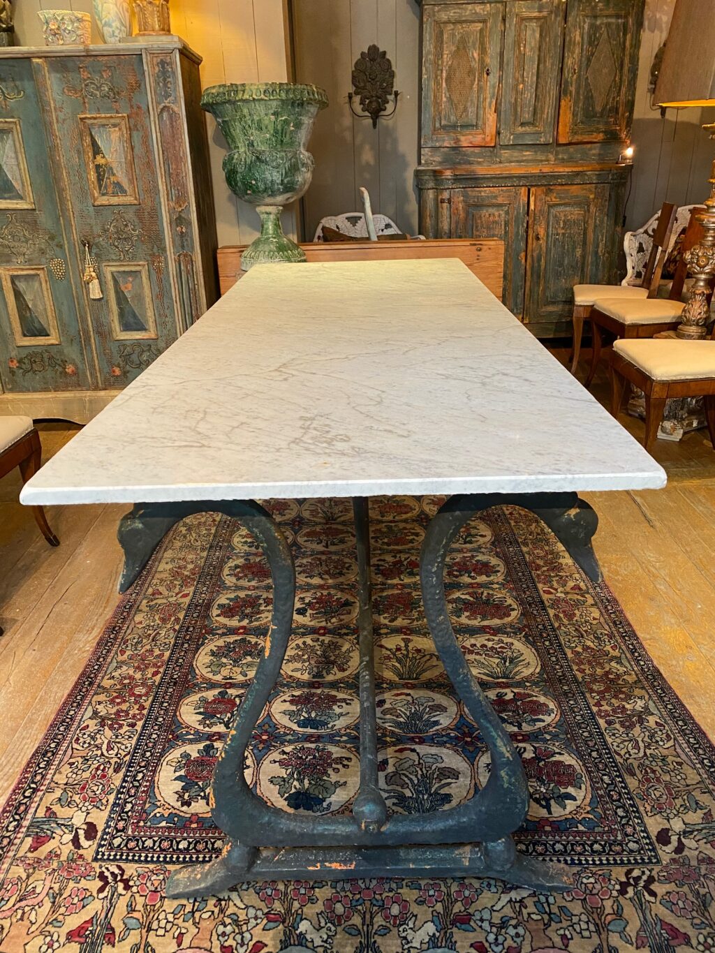 Grande console d'orangerie directoire en fonte noire "Col de Cygne" & plateau en marbre blanc ca.1850 – Image 2