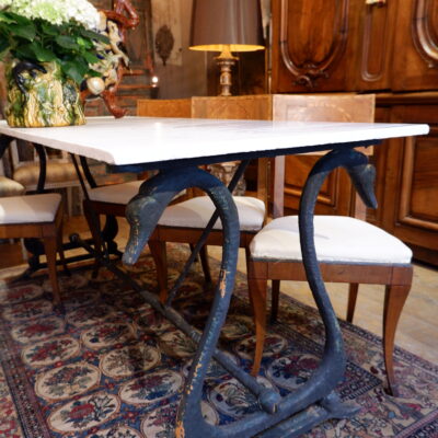 Large black cast-iron "Col de Cygne" Directoire orangery console table & white marble top ca.1815