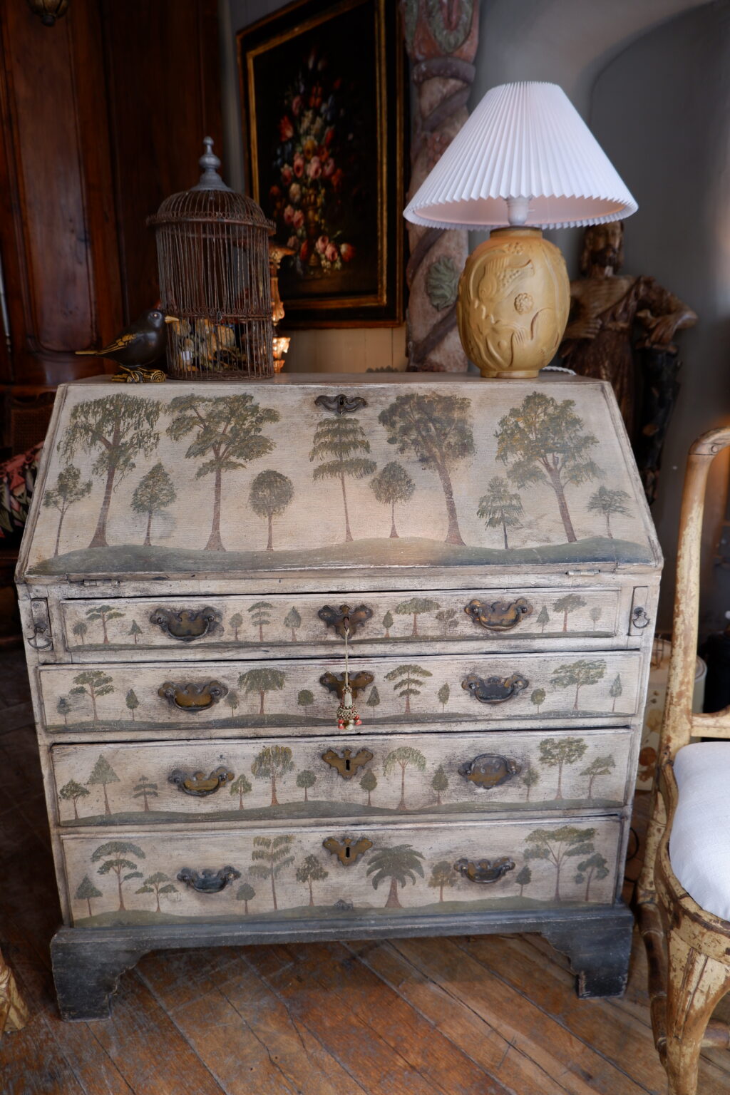 Commode secrétaire en bois peint décor de pins & conifères ca.1900 – Image 3