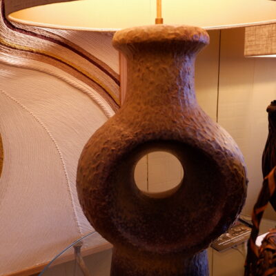 Pair of large Brutalist lamps in glazed brown sandstone + Shades wild silk oval ca.1960