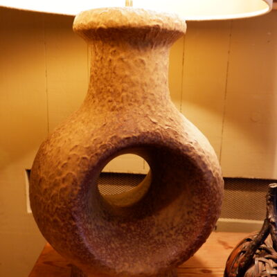 Pair of large Brutalist lamps in glazed brown sandstone + Shades wild silk oval ca.1960