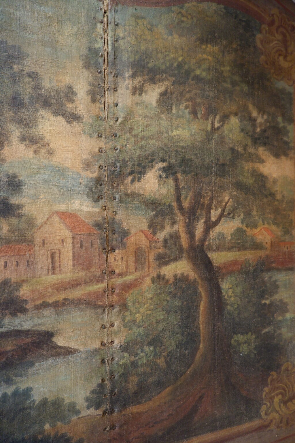 Paravent à 2 feuilles toile peinte à décor de "Moulin dans un décor de verdure" - Travail Français fin XVIIIe