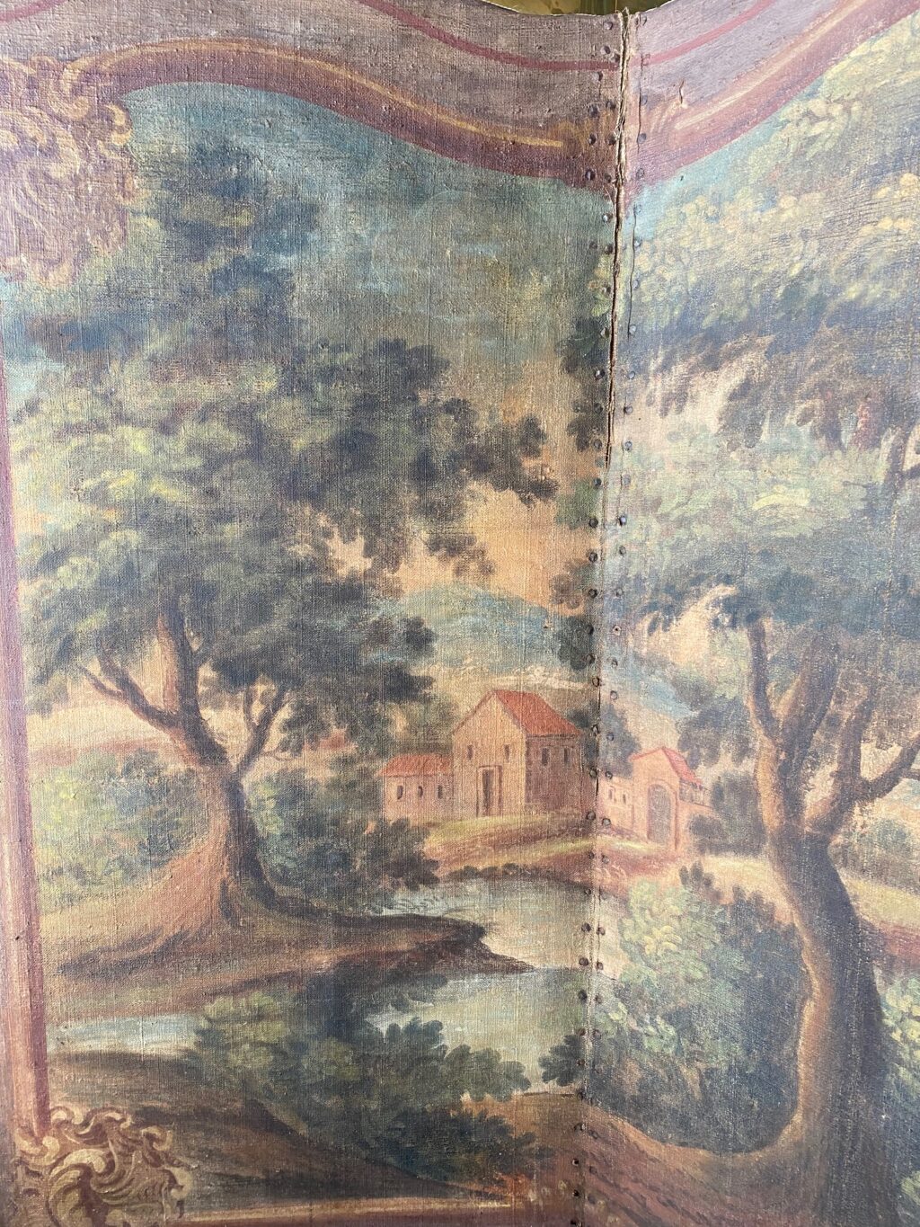 Paravent à 2 feuilles toile peinte à décor de "Moulin dans un décor de verdure" - Travail Français fin XVIIIe – Image 4