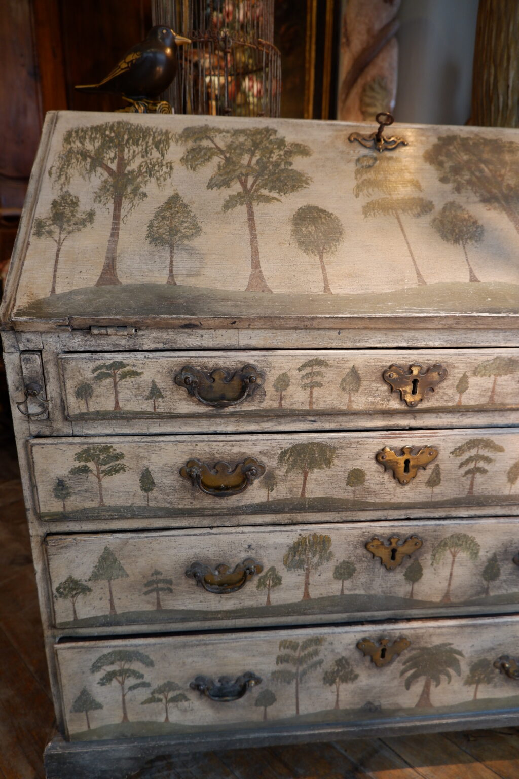 Commode secrétaire en bois peint décor de pins & conifères ca.1900 – Image 4