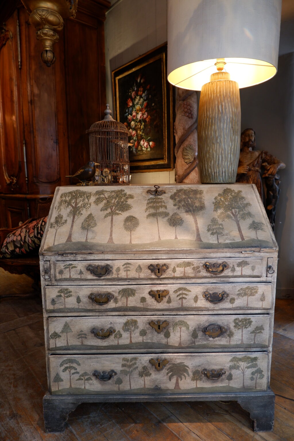 Commode secrétaire en bois peint décor de pins & conifères ca.1900