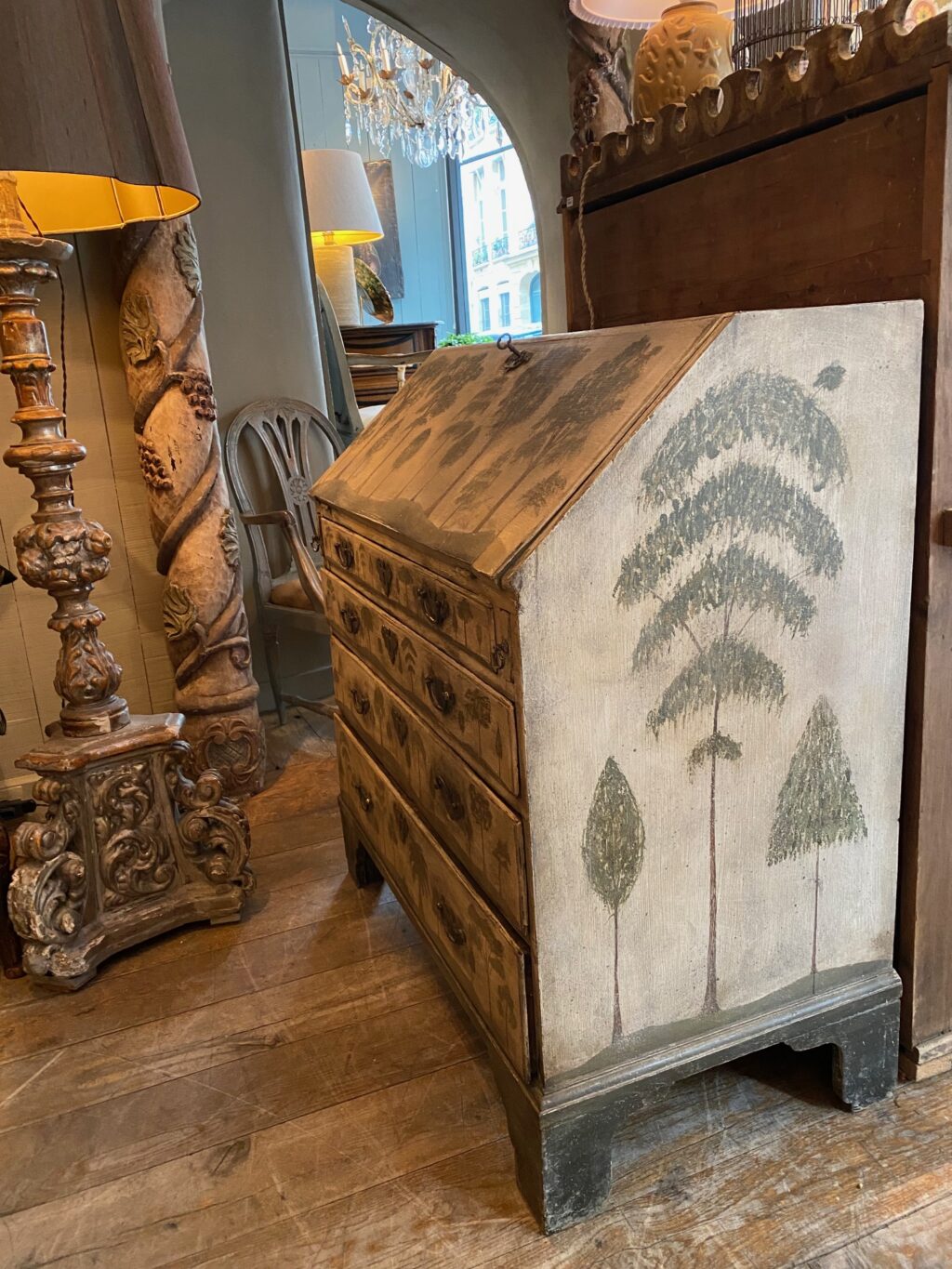 Commode secrétaire en bois peint décor de pins & conifères ca.1900 – Image 13