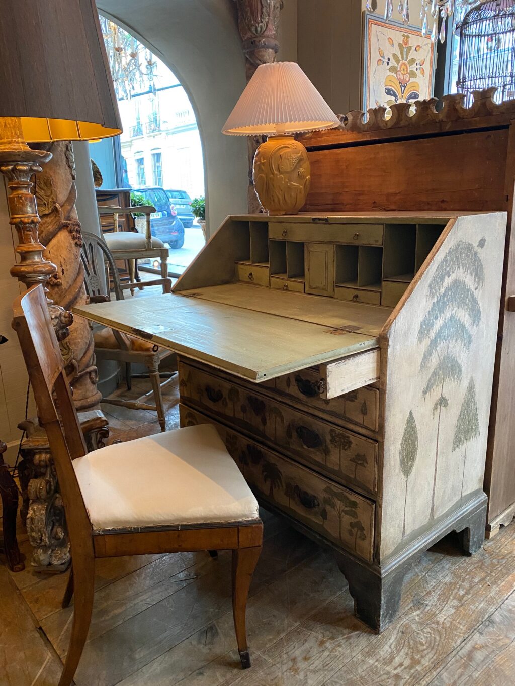 Commode secrétaire en bois peint décor de pins & conifères ca.1900 – Image 8