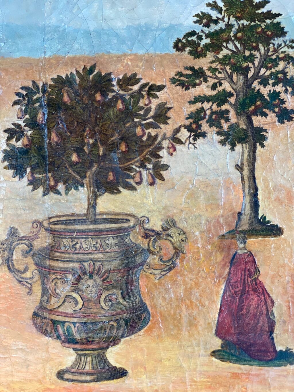 Petit tableau ARTE POVERA perspective de jardin & bacs à orangers - fin XIXe