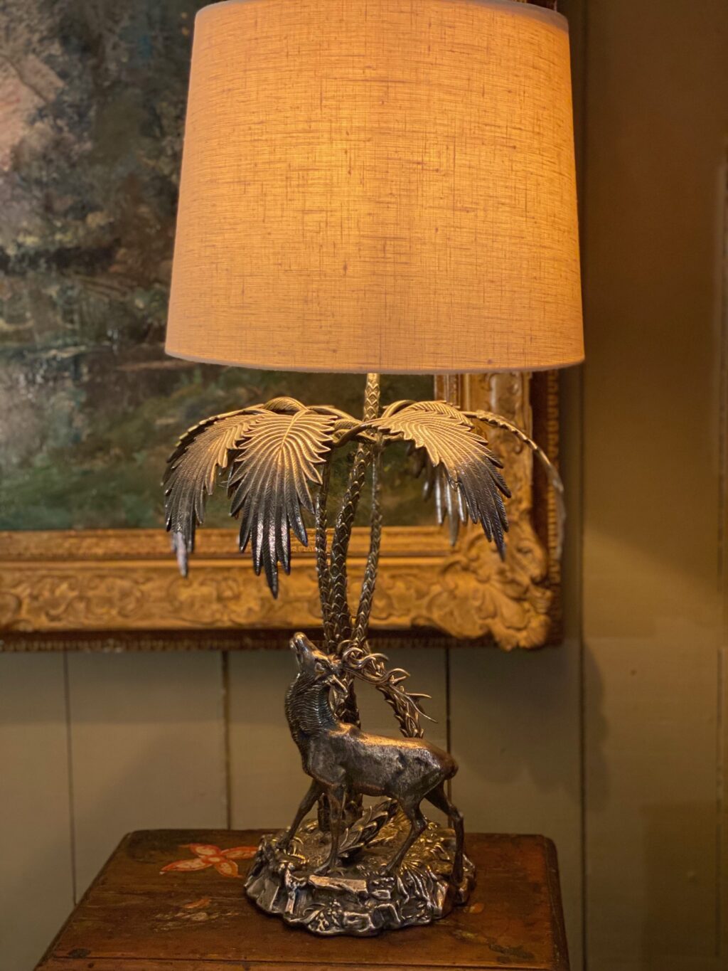 Silver metal lamp stag under a palm tree ca.1960 + Shades Cylinder