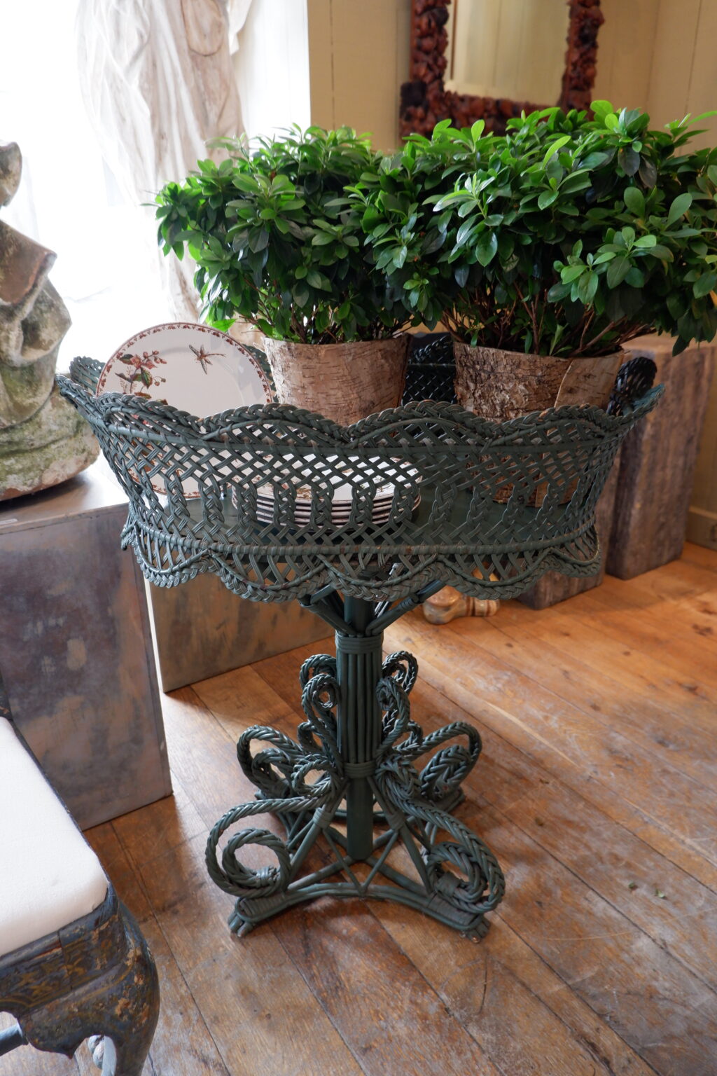 Grande jardinière en rotin tressé bleu canard - Fin XIXe – Image 4