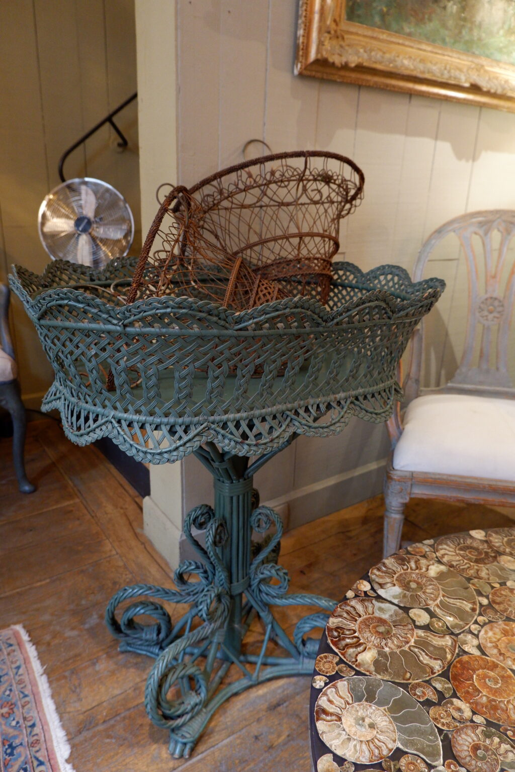 Grande jardinière en rotin tressé bleu canard - Fin XIXe – Image 2