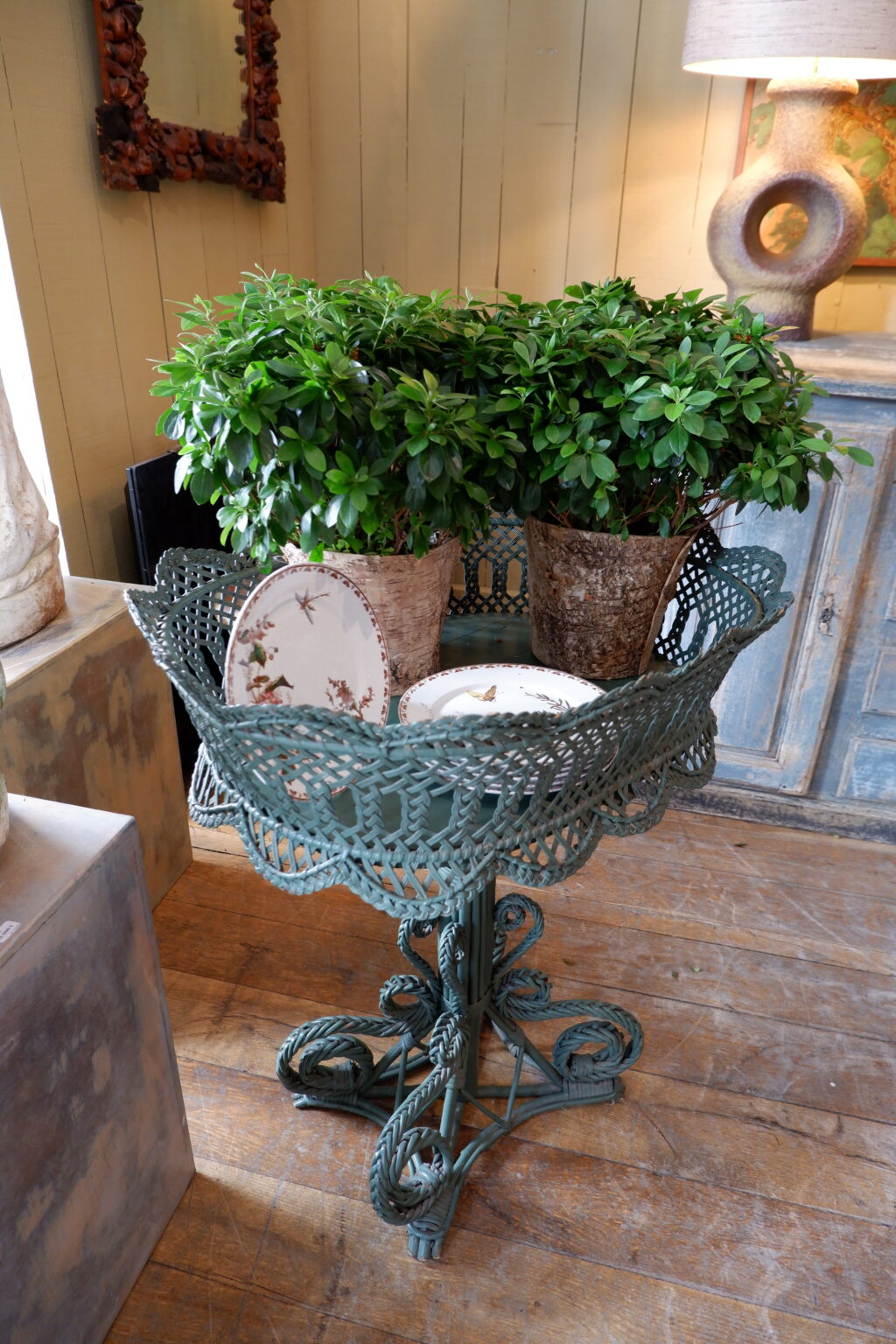 Grande jardinière en rotin tressé bleu canard - Fin XIXe – Image 5
