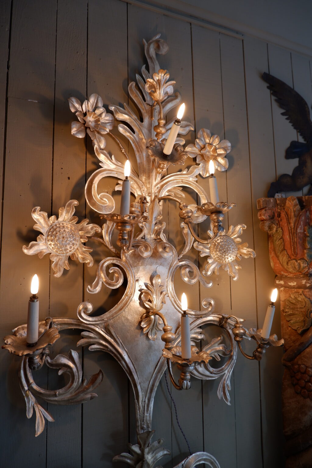 Pair of very large sconces in silver-plated metal with sunflower motif - 6 arms of light - 19th century Italy - Image 6