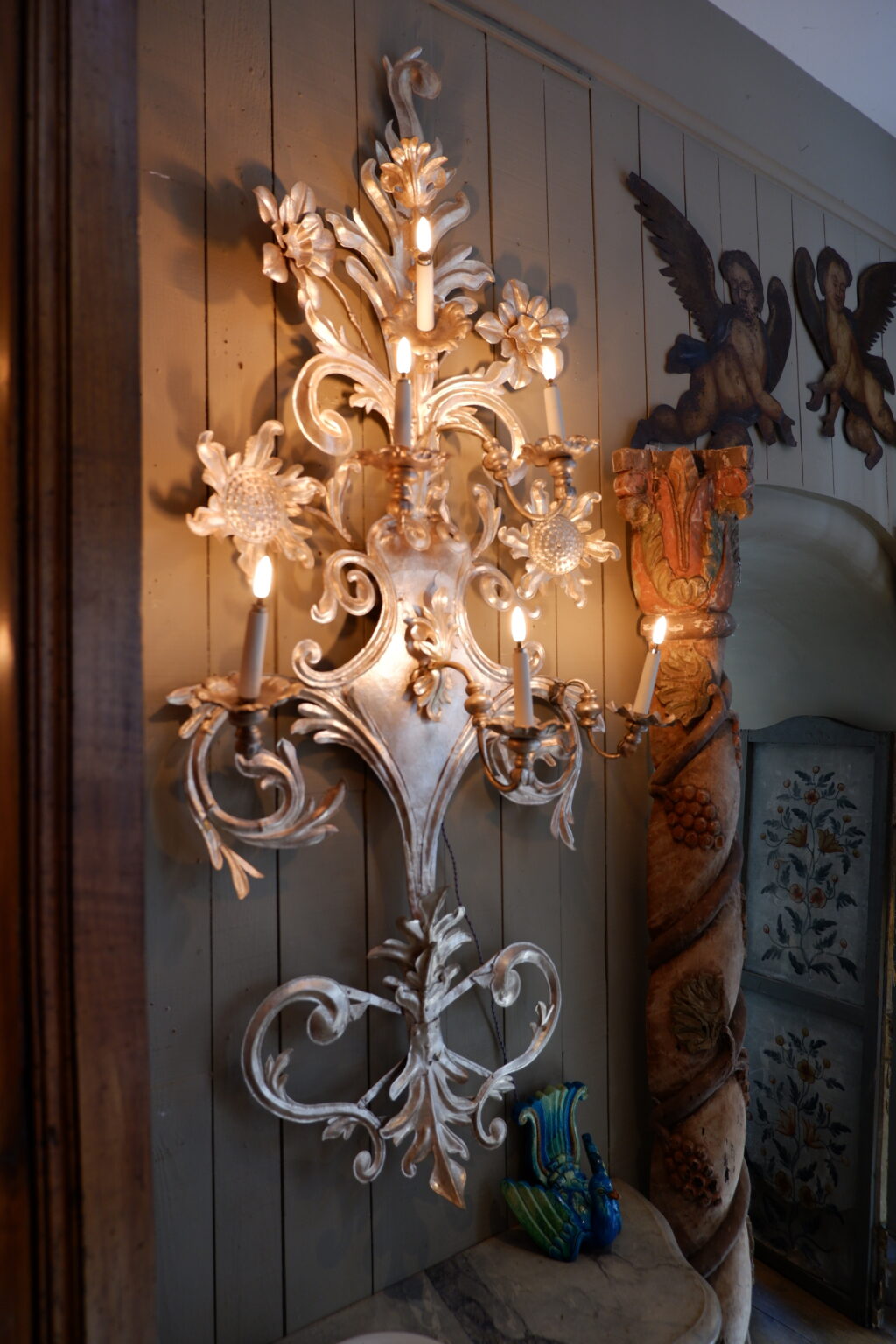 Pair of very large sconces in silver-plated metal with sunflower motif - 6 arms of light - 19th century Italy - Image 2