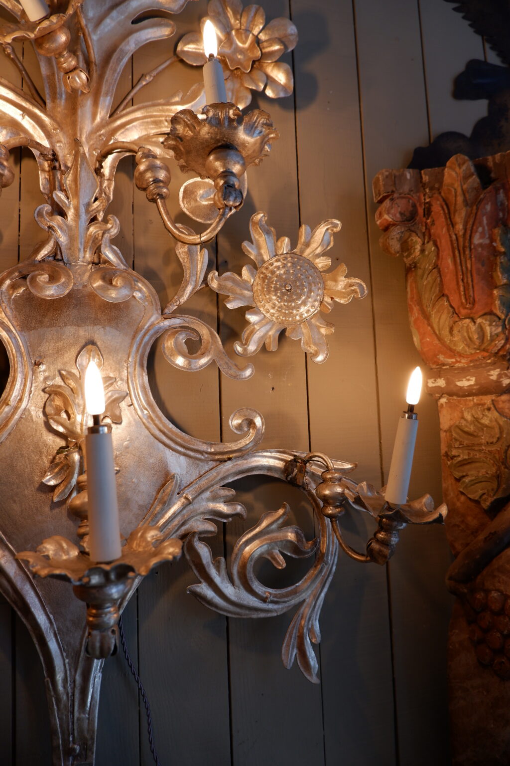 Pair of very large sconces in silver-plated metal with sunflower motif - 6 arms of light - 19th century Italy - Image 3