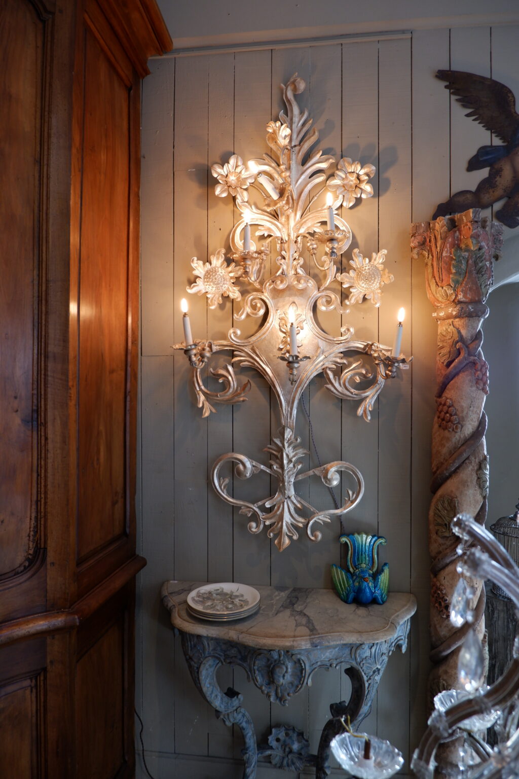 Pair of very large sconces in silver-plated metal with sunflower motif - 6 arms of light - 19th century Italy