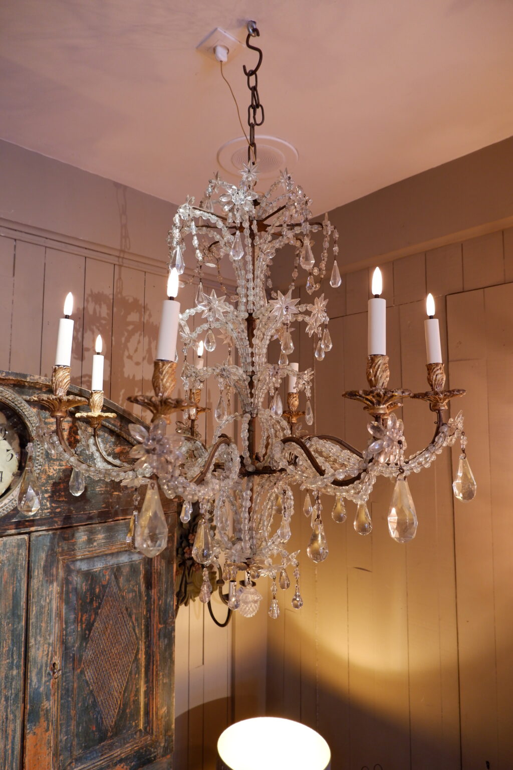 Lustre italien à grosses perles de verre, étoiles et pendants en forme de poires et en cristal taillé - Fin XIXe – Image 5