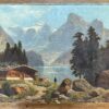 Huile sur toile paysage de montagne au bord d 'un lac